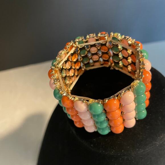Multi strand acrylic beaded bracelet gold trim stretch fashion mcm boho - Picture 1 of 7